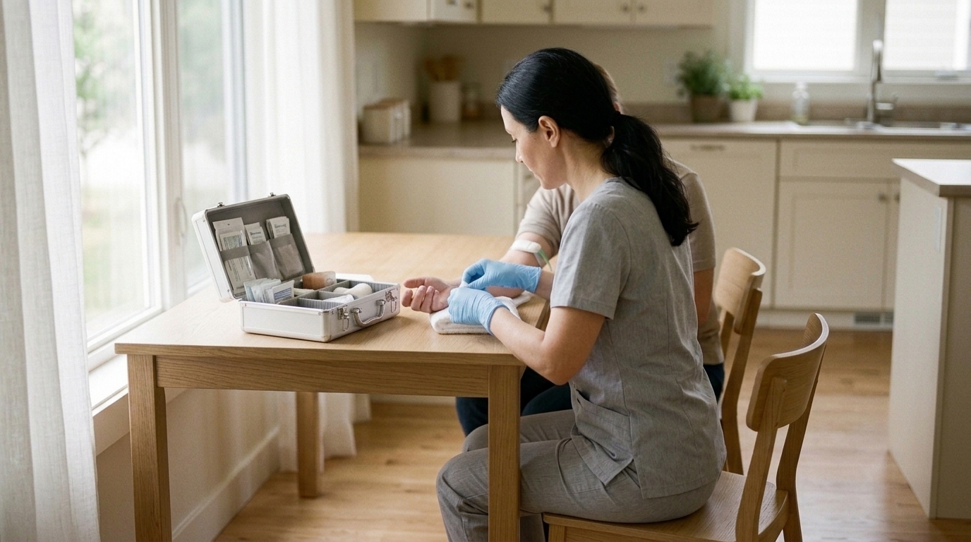 A BSI phlebotomist collecting a specimen at a patient's kitchen table